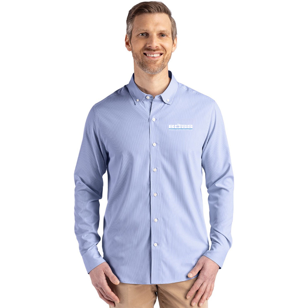 Boss Cutter & Buck Skyline Epic Confidence Recycled Pinstripe Mens Big & Tall Long Sleeve Dress Shirt